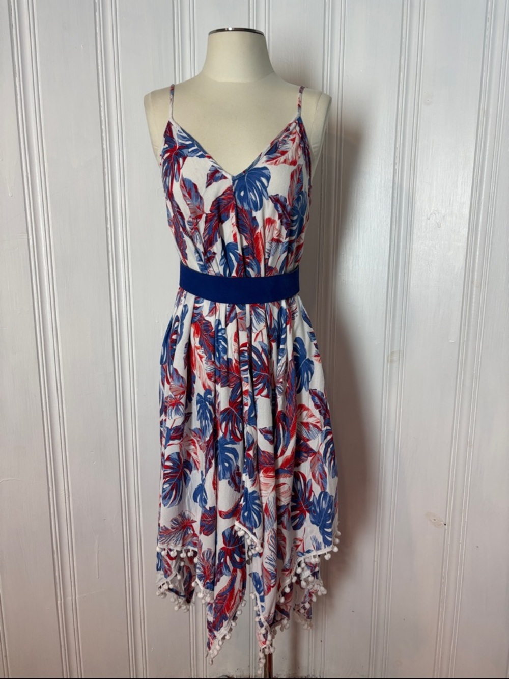 White Tropical Print Handkerchief Hem Sundress with Blue & Red Leaves